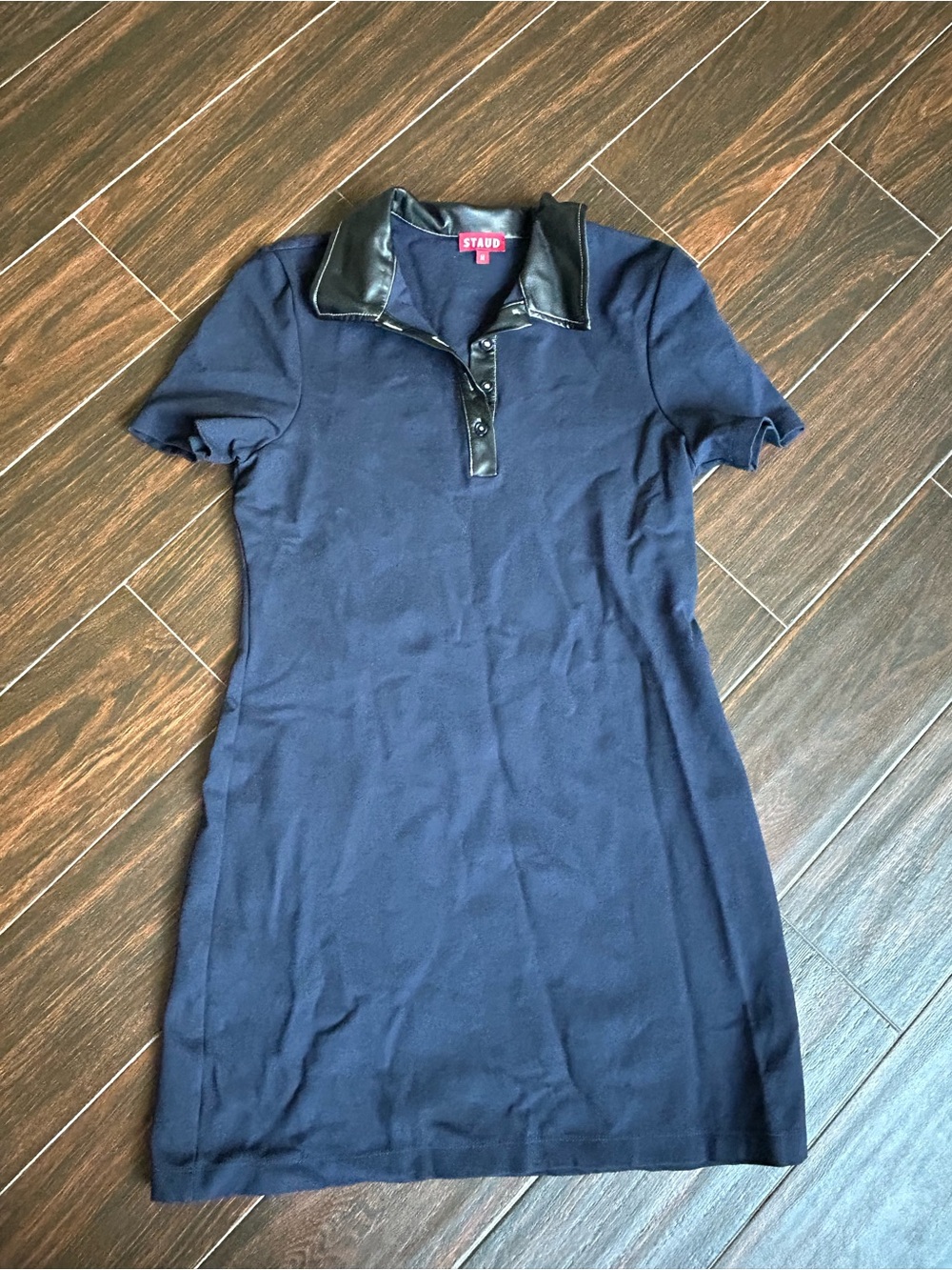 STAUD Navy Mini Polo Dress with Black Faux Leather Trim